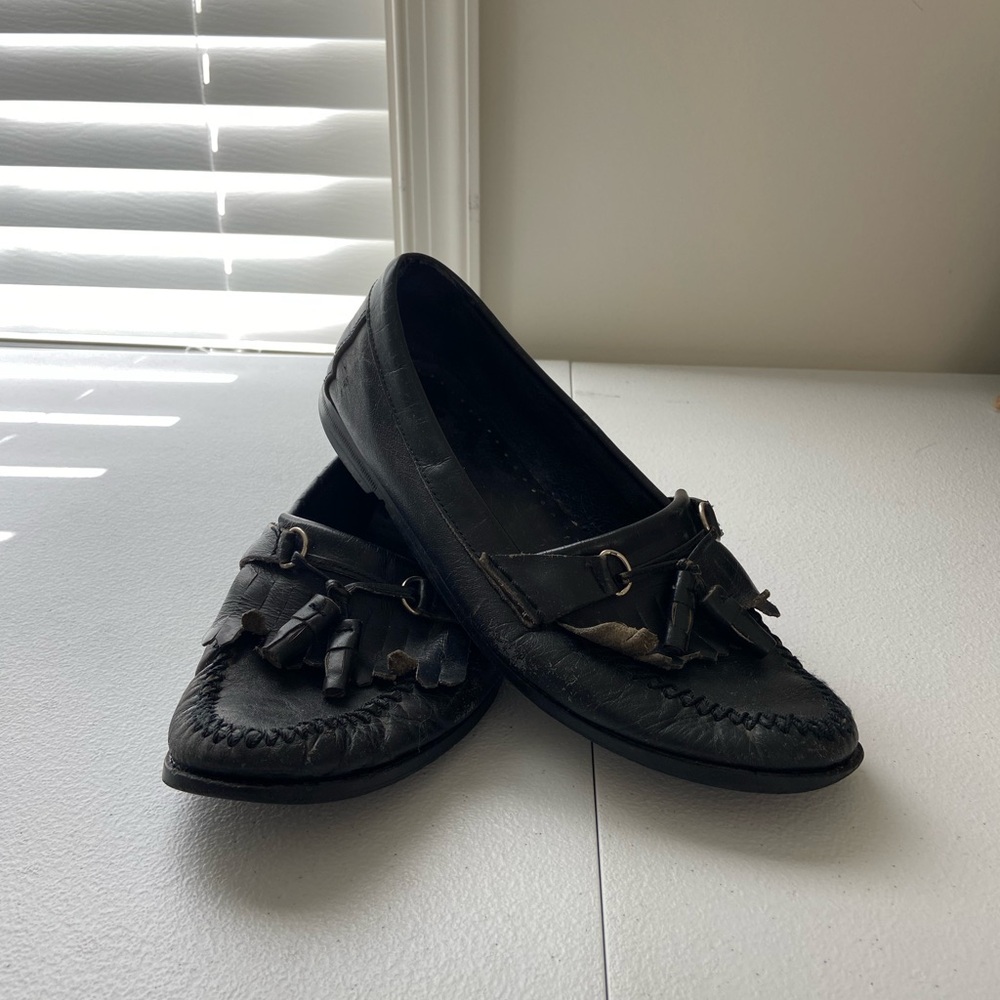 Women’s‎ solid black leather tassel slip on loafers mules boat shoes size 8